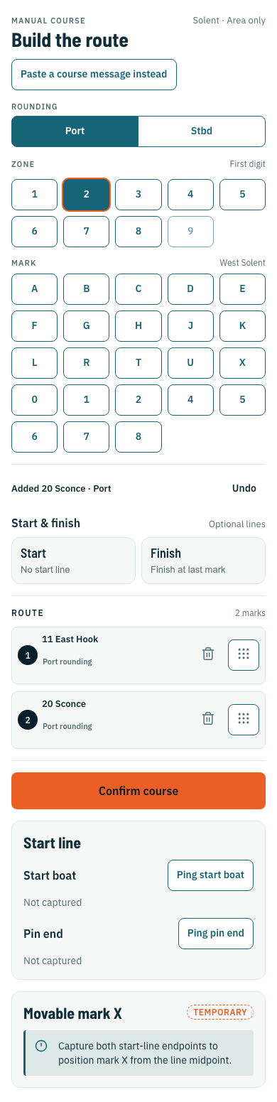 Course builder with rounding controls and an ordered list of race marks.