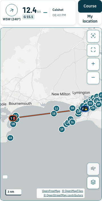 Confirmed race course with wind speed, gust, and direction shown over the map.