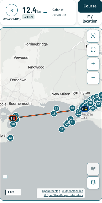 Confirmed Solent course on the map with current wind data and an orange route between ordered marks.